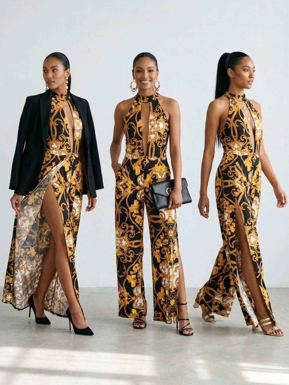 High-Neck Black & Gold Printed Halter Jumpsuit